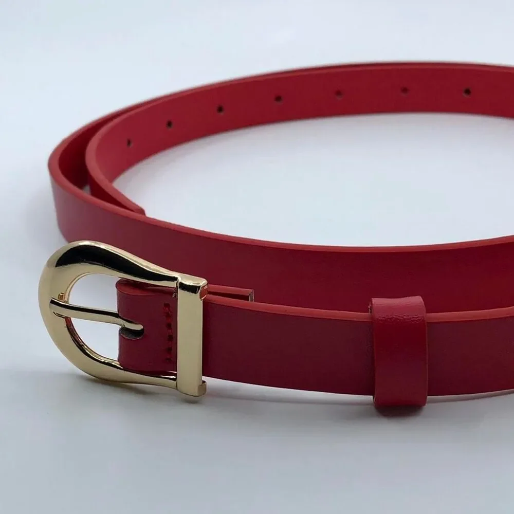 Women's Red Faux Leather Belt w/ Gold Buckle, Fits 34
